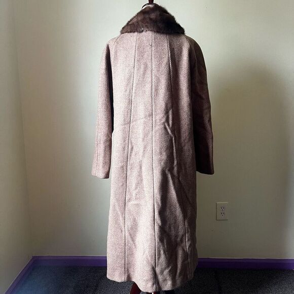 Vintage 60s Pure Wool Swing Coat Button Down Tan Brown Fur Collar Medium - Picture 6 of 13